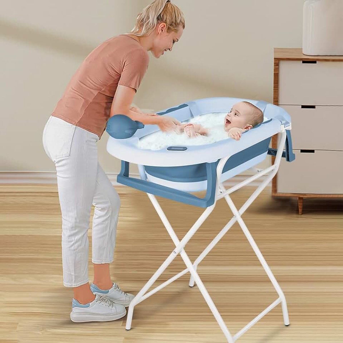 Babybad met frame, thermometer, badkussen en badmuts, babybadkuip met afvoersysteem, PP en TPE-materiaal (blauw, 55 x 40 x 90 cm)