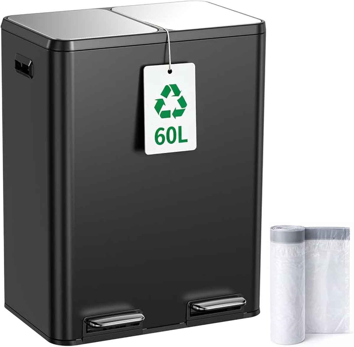 Prullenbak Keuken 60L (2x30L) RVS, dubbele pedaalemmer afvalscheiding, softclose deksel, uitneembare binnenemmers, 15 vuilniszakken, keuken, kantoor, appartement, gezin, recycling afvalbak
