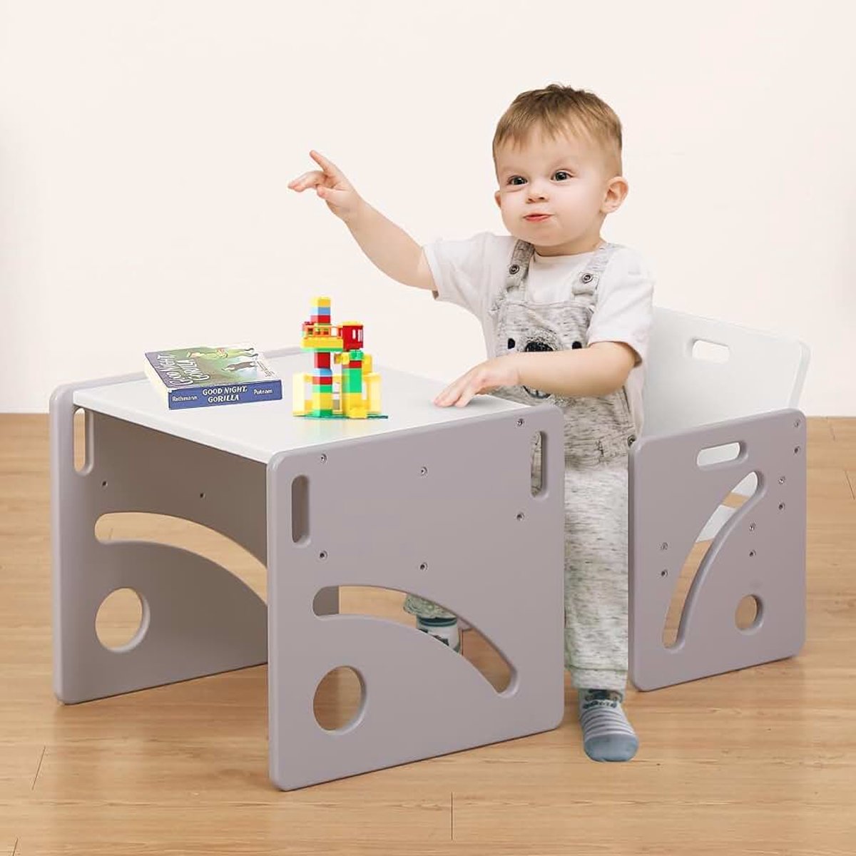 Montessori Kindertafel en stoelset, in hoogte verstelbaar, grijs