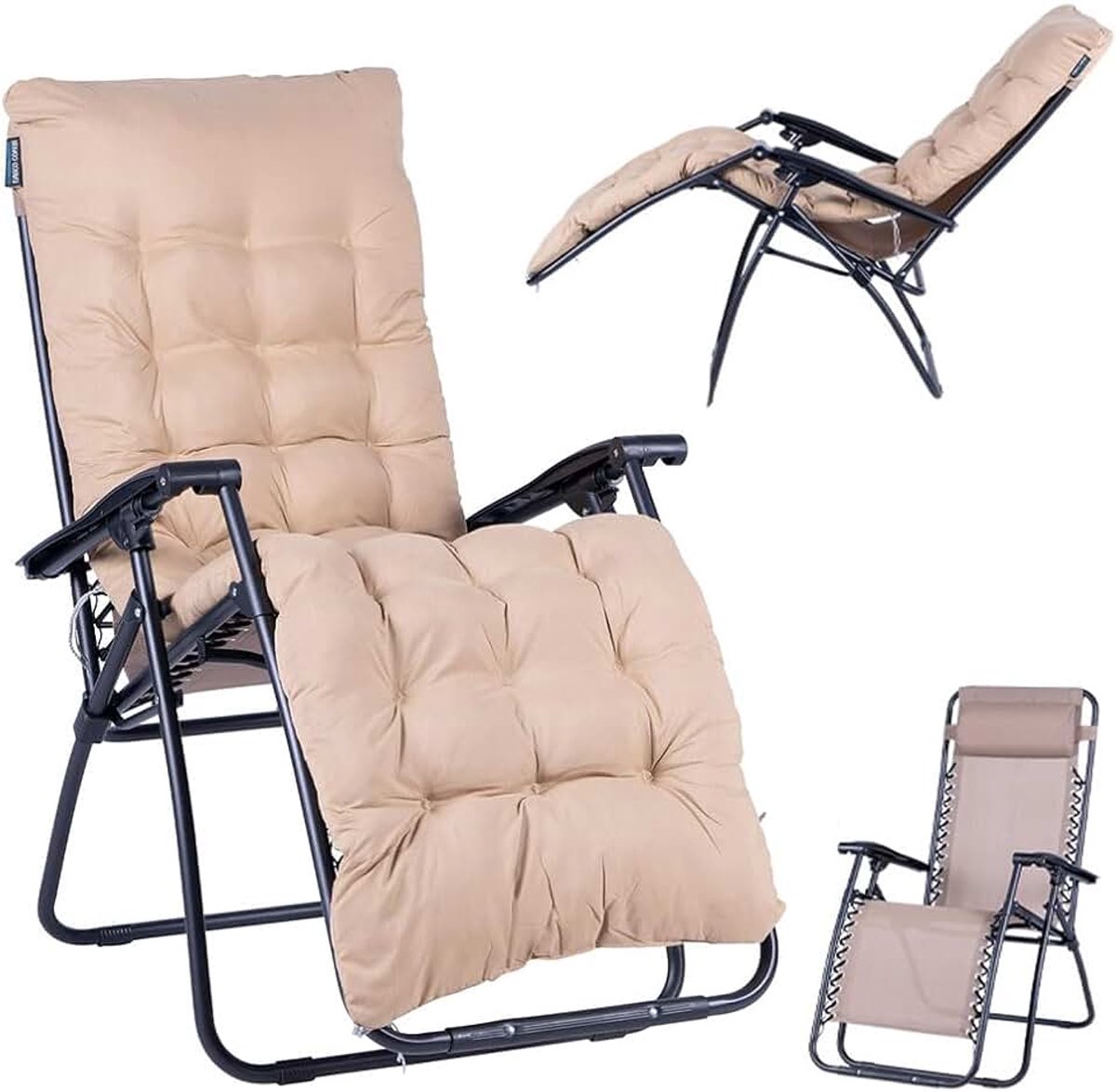 Dogan Gravity Zero Tuinstoel, ligstoel voor buiten, inklapbaar, ruimtebesparend, frame van metalen buis, kantelbaar, zitting van textiel, zee (beige met kussen)