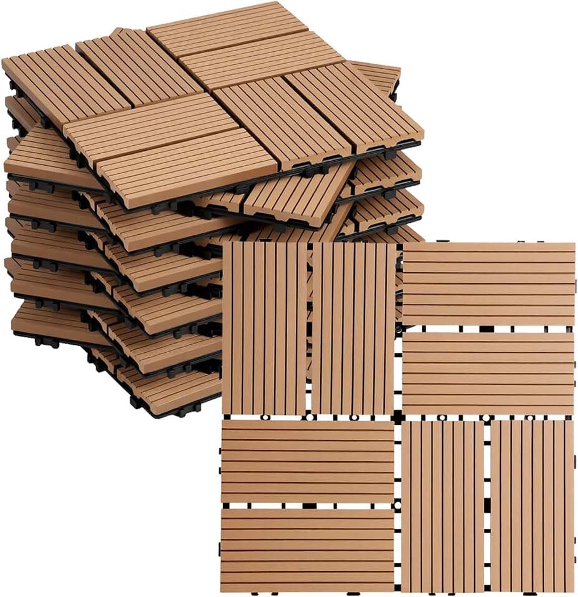 Tegels 30 x 30 cm, 11 stuks 1 m², weerbestendig, waterdicht, teak | WPC terrastegels met kliksysteem, kunststof tegels met drainage, voor balkon, tuin, eenvoudig te leggen