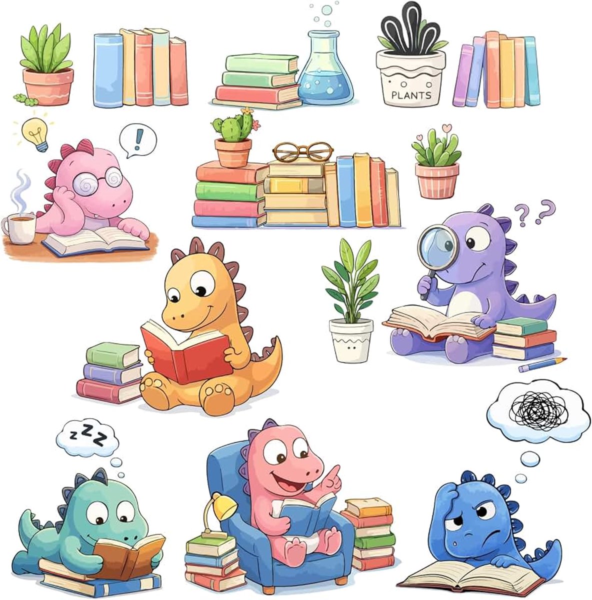 2 vellen wandtattoos met dinosaurusmotieven, schattige muurstickers met leesende dinosaurussen, verwijderbare vinylstickers om zelf te plakken, voor kinderkamer, slaapkamer, speelkamer
