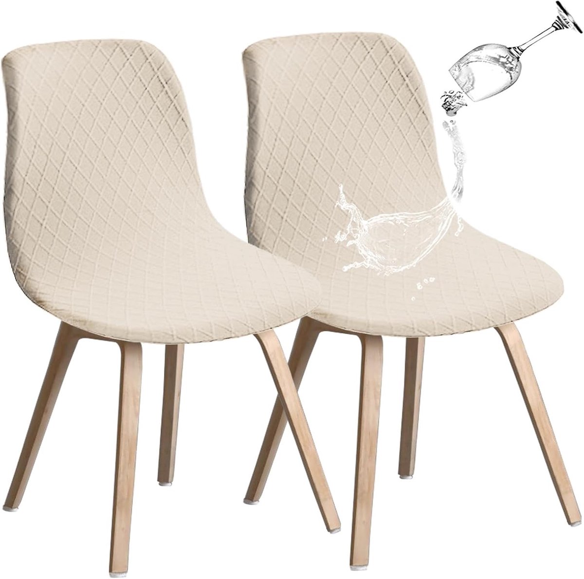 Waterdichte, elastische jacquard stoelhoezen - 2-delige set - Beige - Scandinavische stijl - Duurzaam en wasbaar - Waterdichte eetkamerstoelhoezen met jacquardpatroon