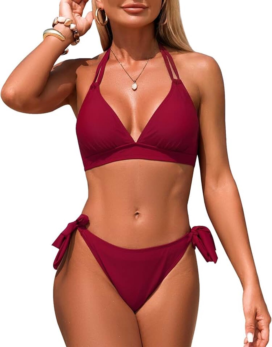 Badpak, 2-delig, V-hals, bikiniset, push-up, tweedelige set, halter, tie-up, sexy, lage taille, strandkleding, elegant, vintage, Braziliaans badpak