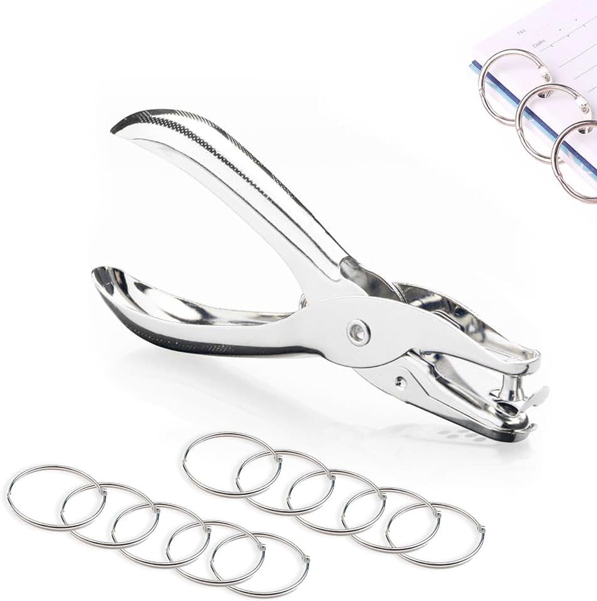 6 mm enkele gatpons, ronde gattang, metalen stanstang, voor papier, foto's, wenskaarten, kaarten, met 10 stuks 30 mm boekenringen