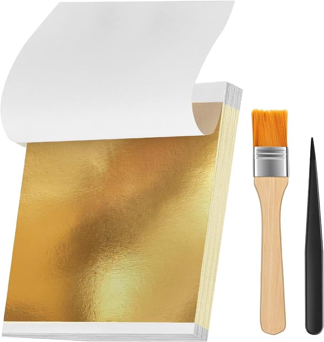 100 Vellen imitatie-gouden blad met Penseel en Pincet (8x8.5 cm), Multifunctioneel Bladgoud, bladgoud papier voor Nageldecoratie, Fotolijsten, Kunst & DIY, Interieur
