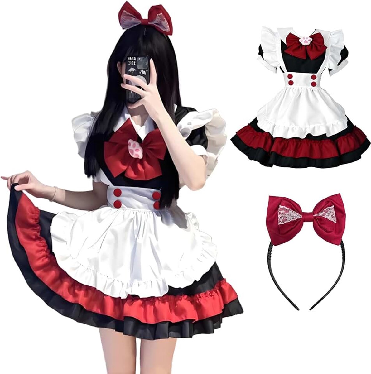 Dress Cosplay, zwart, rood, maid-kostuum, anime, cosplay, schattige Lolitajurk met strikken, hoofdband, Kerstmis, Halloween, party, carnavalskostuum