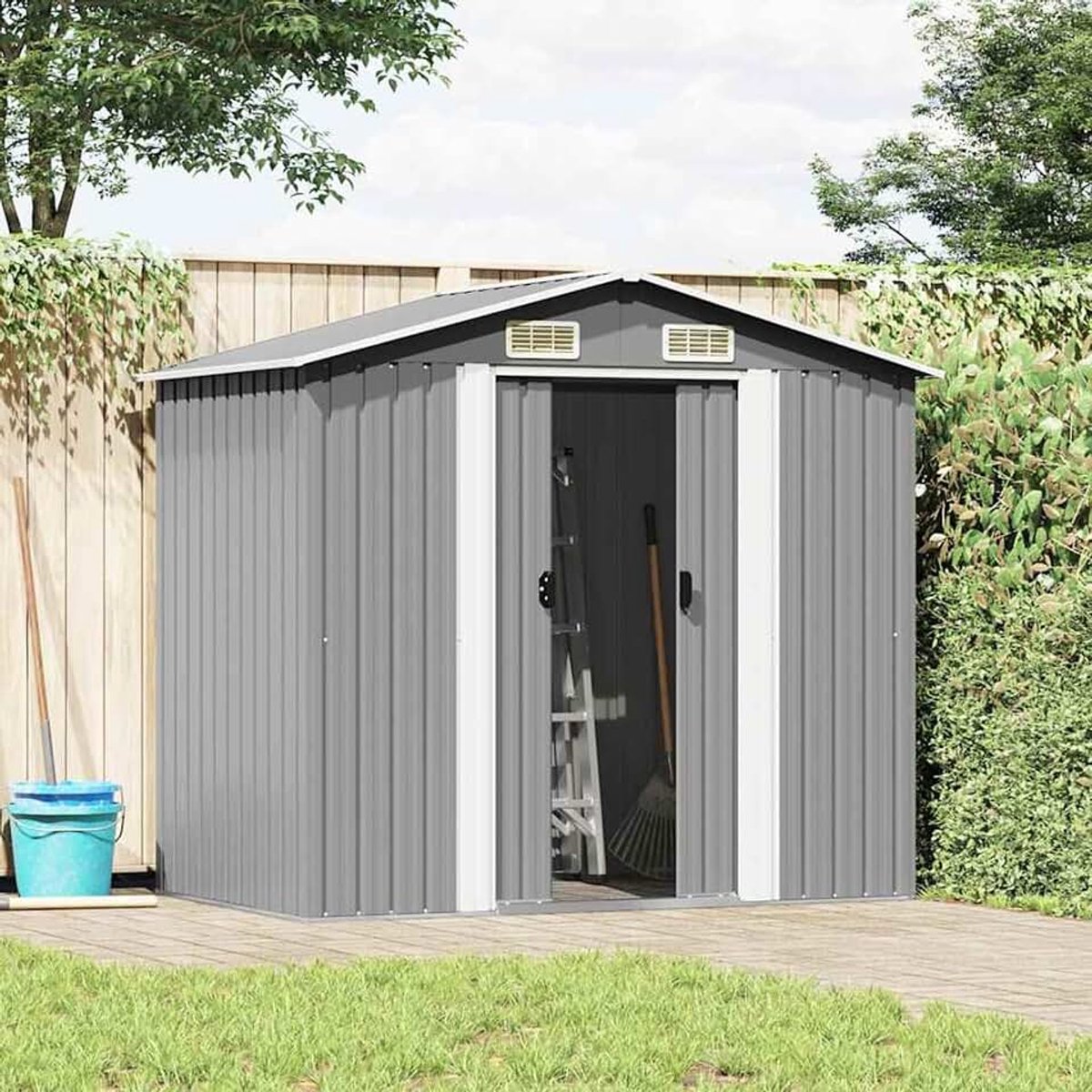 42983 Tuinschuur, grijs, metaal, 204 x 132 x 186 cm, weerbestendig tuinhuis, gereedschapsschuur voor tuinopslag
