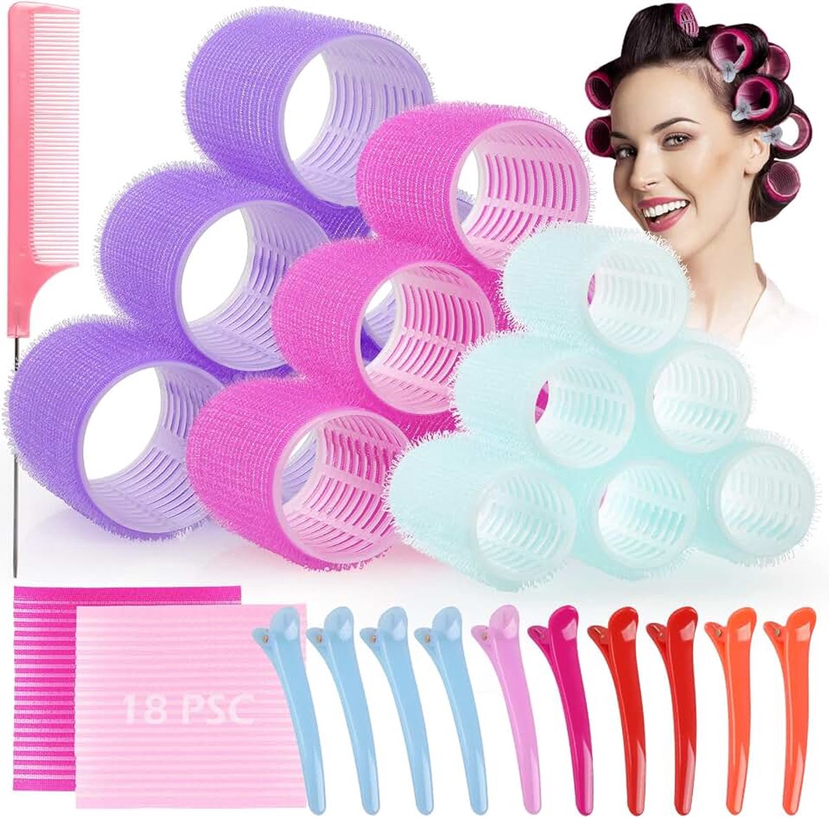 Krulspelden, 33 stuks, haarkrullers, in 3 maten (44 mm, 36 mm, 25 mm), praktische klittenbandwikkelaars voor stijlvolle kapsels, 12 stuks eendenbekken, clips voor knippen