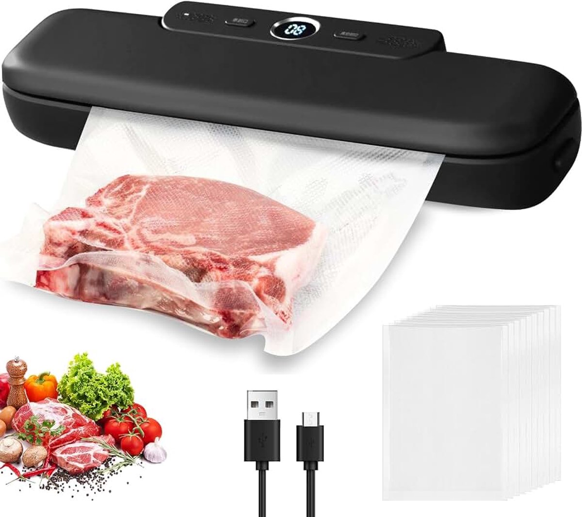 Vacuümsealer, 60 KPA, vacuümmachine, Vacuum Machine folielasapparaat, mini-vacuümsealer, one-touch vacuümverzegeling, compacte vacuümmachine met 10 vacuümzakken voor droge en vochtige