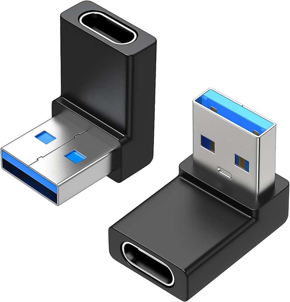 Adapter USB A-stekker naar USB C-aansluiting, 90 graden, USB 3.0 naar type C-kabel aflopend aflopend gebogen, ondersteunt unidirectionele zijden 5 Gbps en gegevensoverdracht, 2 stuks