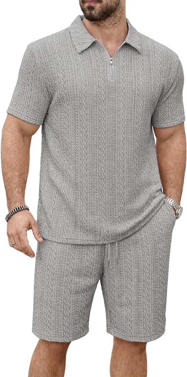 Trainingspak voor heren, 2-delig (poloshirt en shorts), ademende T-shirts en shorts voor de zomer, vrije tijd, fitness, vakantie en outdoor, S-2XL