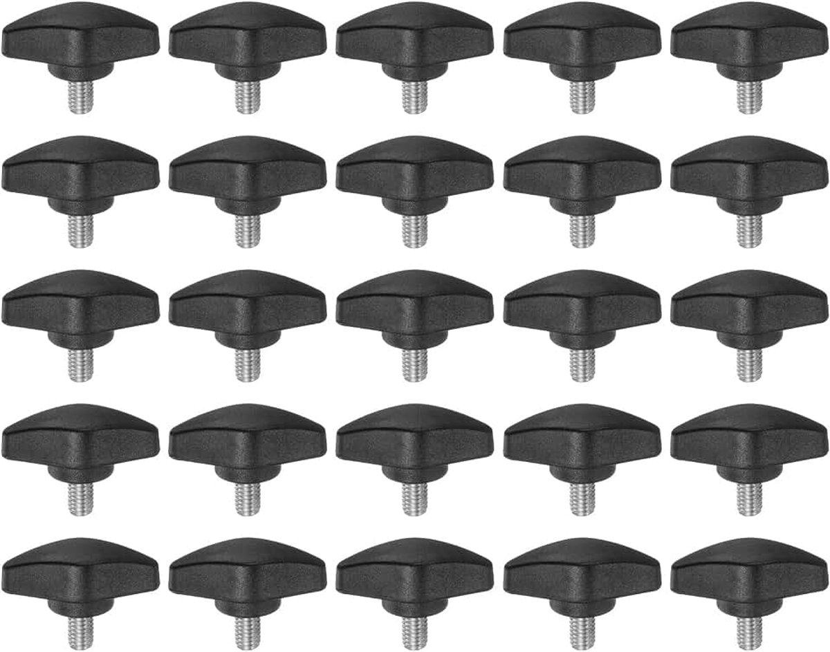 25 stuks T-vleugelknoppen, kartelschroeven, M6 x 10 mm, standaard buitendraad, kunststof T-knoppen, handgrepen, handklemknoppen, grip-kartelschroef, zwart