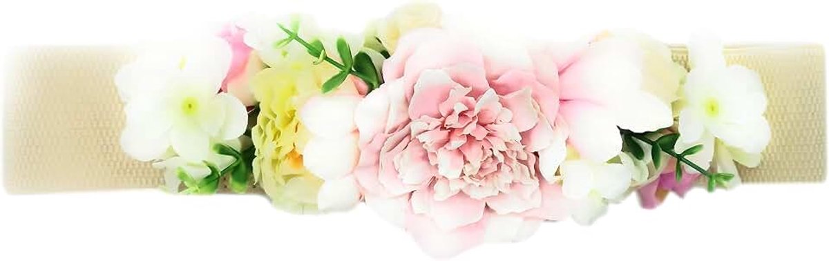 Bloemenriem voor feestjurken vrouwen, elastische riem met kunstbloemen, Lint, beige, bloemen, roze, wit, hasta talla 40