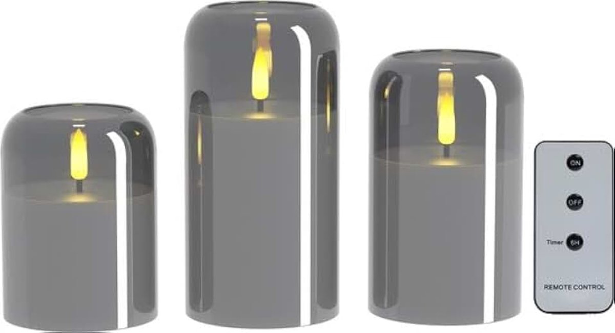 LED kaarsen Set (3 Stuks) - Rookglas - 3D Vlam - Met Afstandsbediening & Timer (SMOKEY GREY)