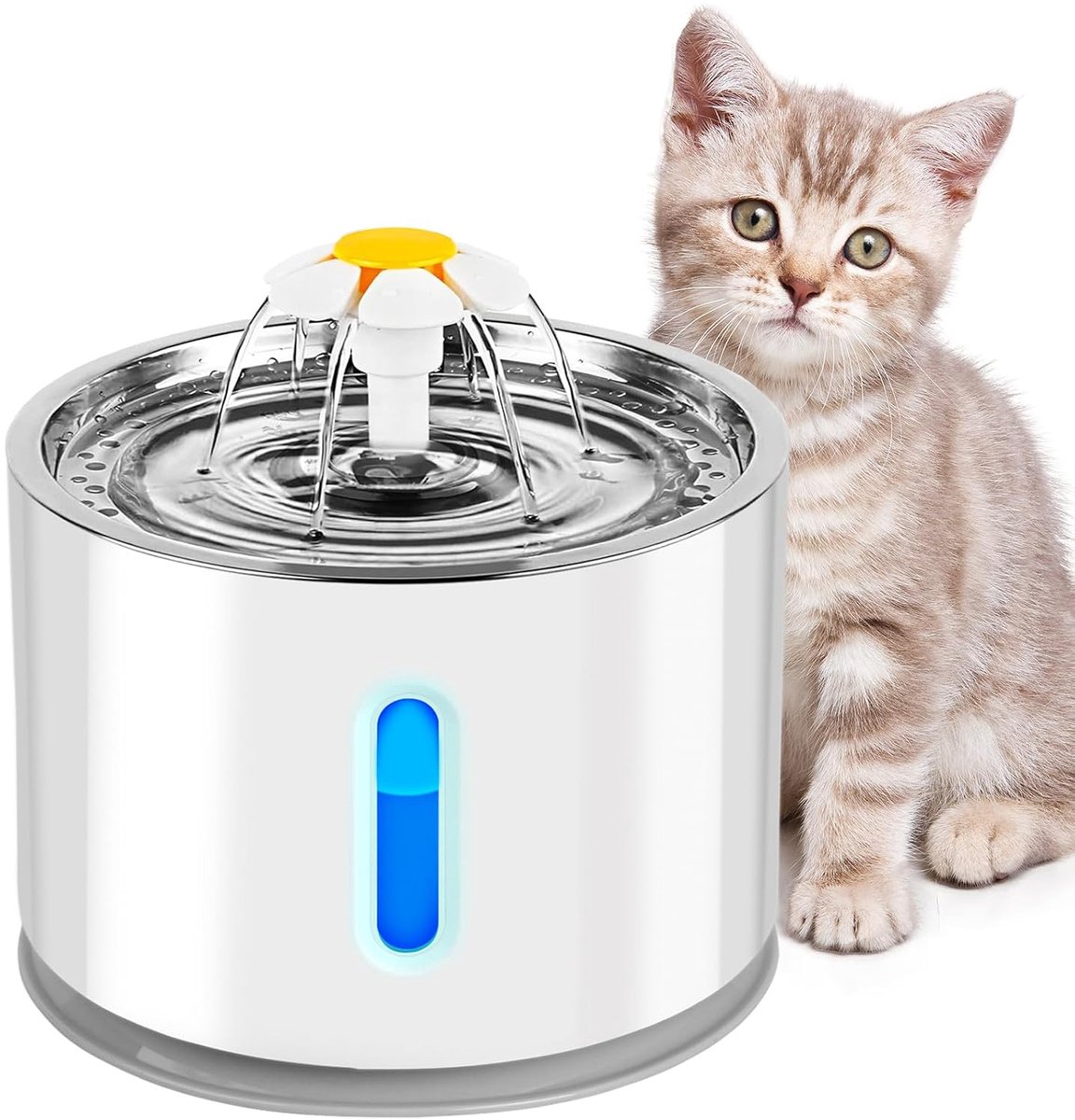 Drinkfontein voor katten en honden - 2,4 L SUS304 roestvrij staal - 3 waterstanden, geluidsarme pomp, filter, waterniveauvenster en EU-stekker - grijs