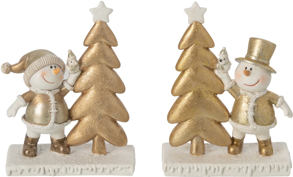 J-Line Sneeuwpop met dennenboom - steen - wit/goud - assortiment van 2