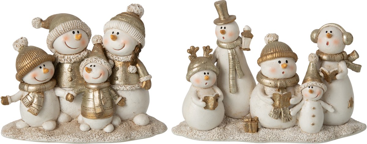 J-Line Zingende sneeuwpop - steen - wit/goud - assortiment van 2
