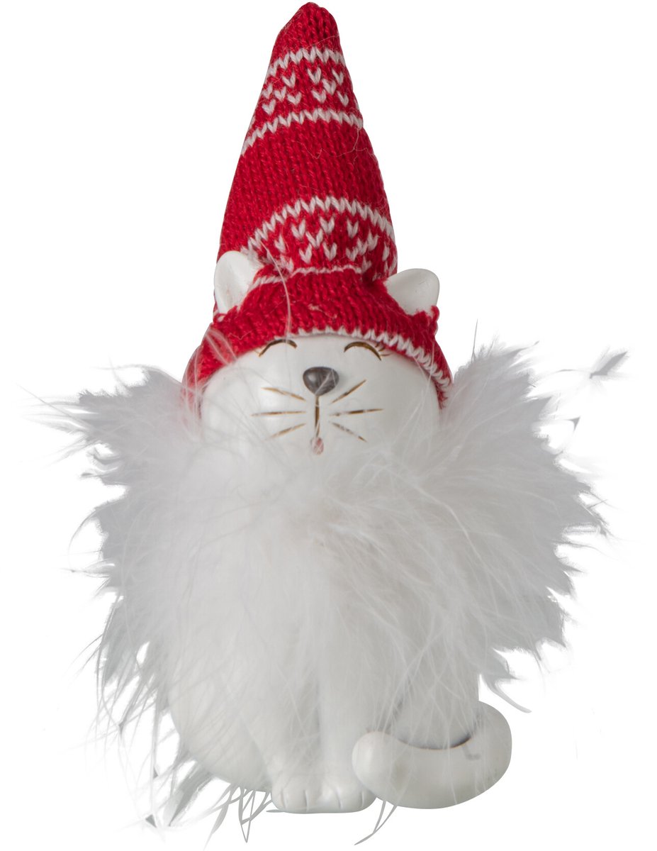 J-Line decoratie Kat Hoed - polyresin - wit/kerstrood - small