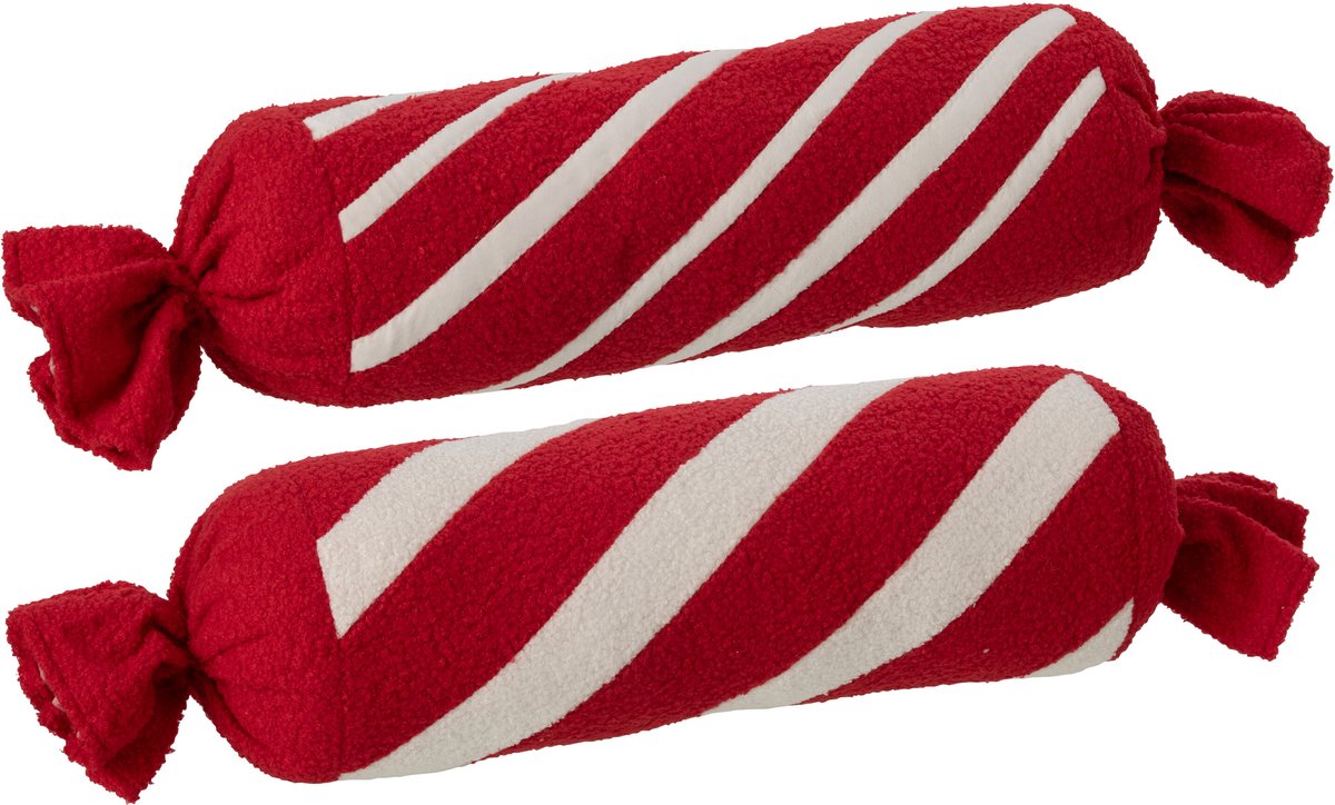 J-Line Gestreept rolkussen - polyester - kerstrood/wit - assortiment van 2