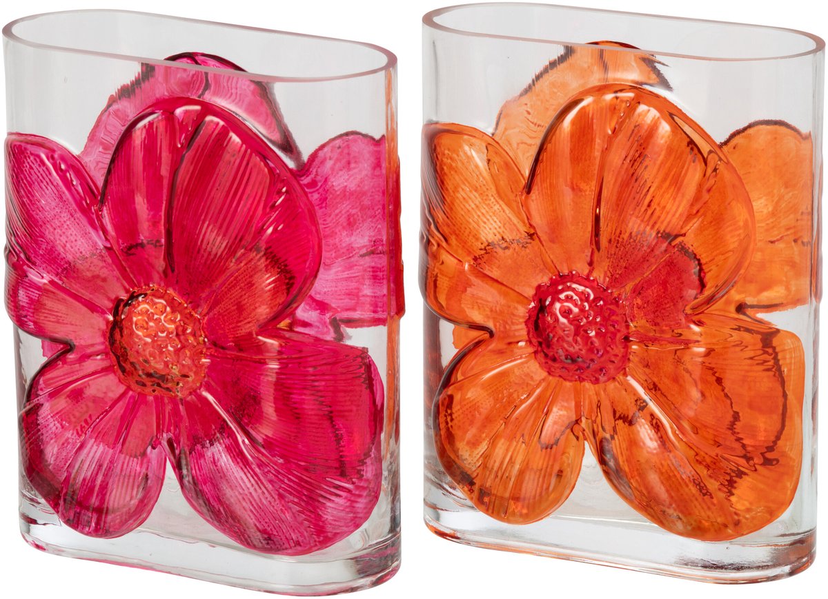 J-Line vaas Bloemen - glas - oranje/fuchsia - large - 2 stuks