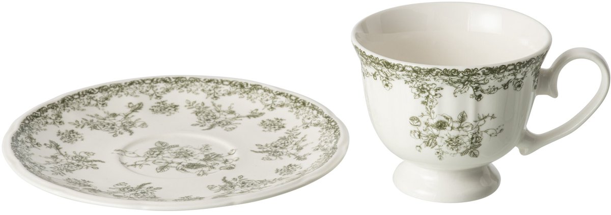 J-Line kopje + schoteltje Bloemen - keramiek - donkergroen/wit - 6 stuks