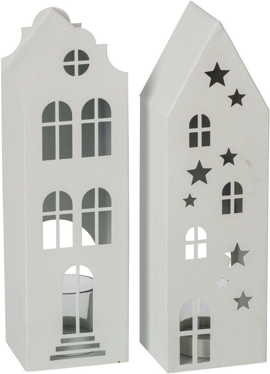 J-Line Windlicht huis - ijzer - wit - assortiment van 2