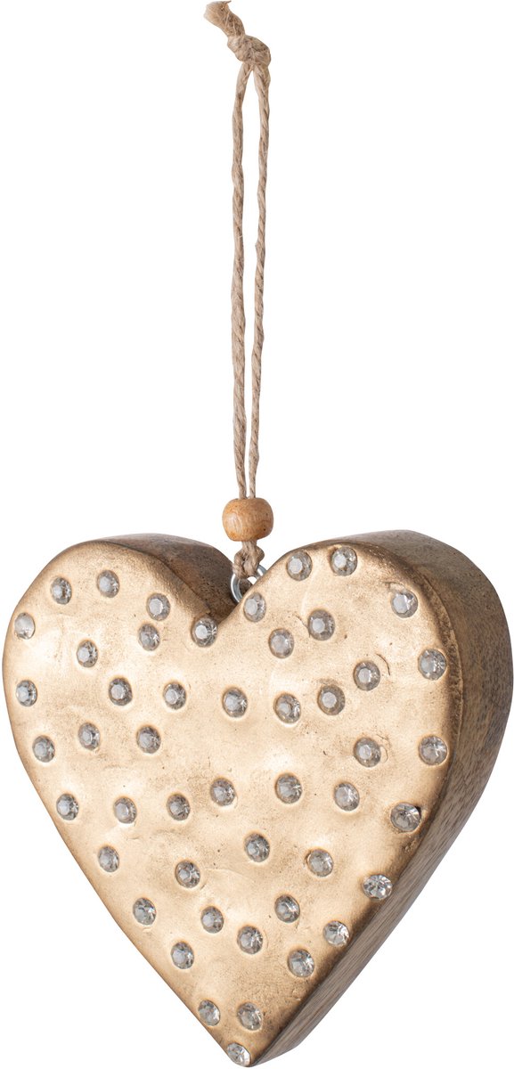 J-Line Hangend hart met strass - mangohout - naturel/goud - small - set van 6