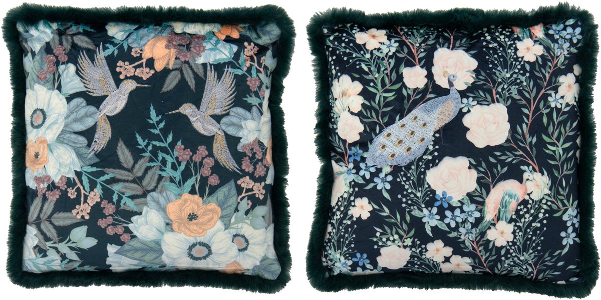 J-Line kussen Bloemen + Vogels - polyester - donkergroen - 2 stuks
