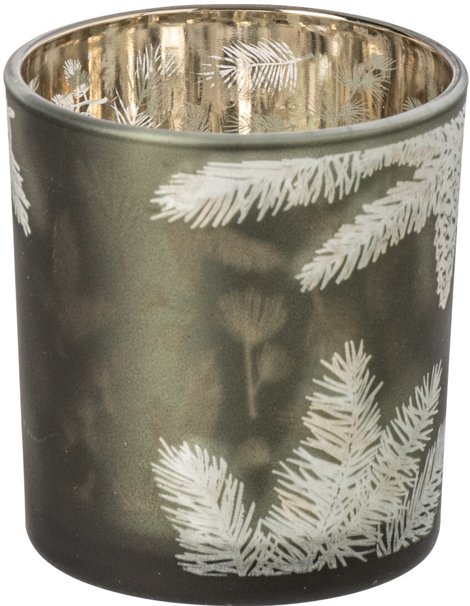 J-Line Windlicht met dennenappel - glas - donkergroen - small - set van 4