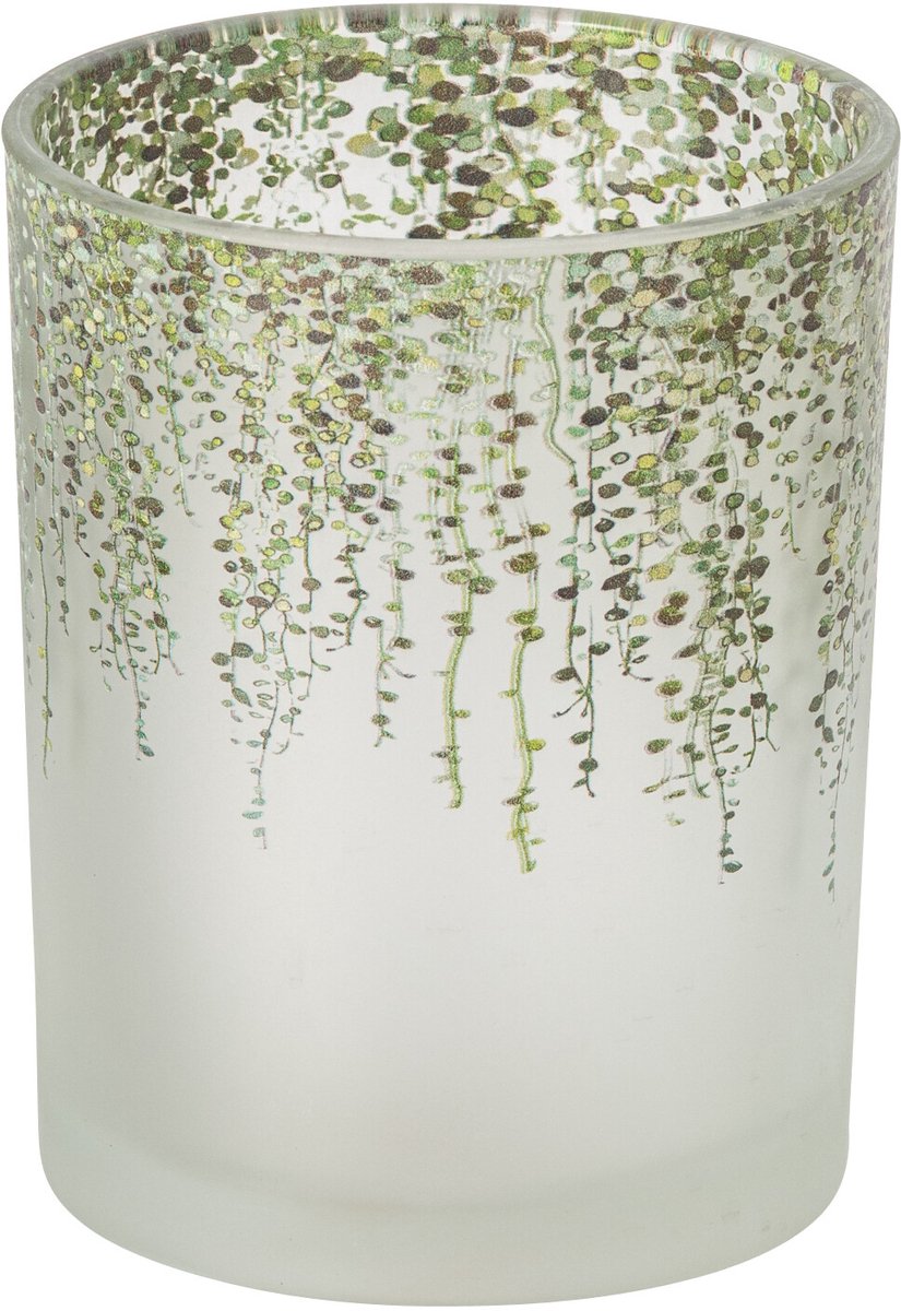 J-Line Cilindervormig windlicht met bladeren - glas - donkergroen/transparant - medium - set van 2