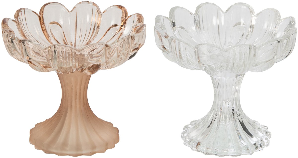 J-Line Windlicht met bloem op voet - glas - beige/transparant - assortiment van 2