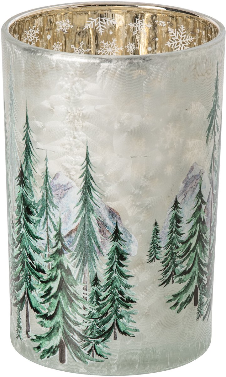 J-Line Kandelaar met kerstboom - glas - wit/donkergroen - large - set van 2