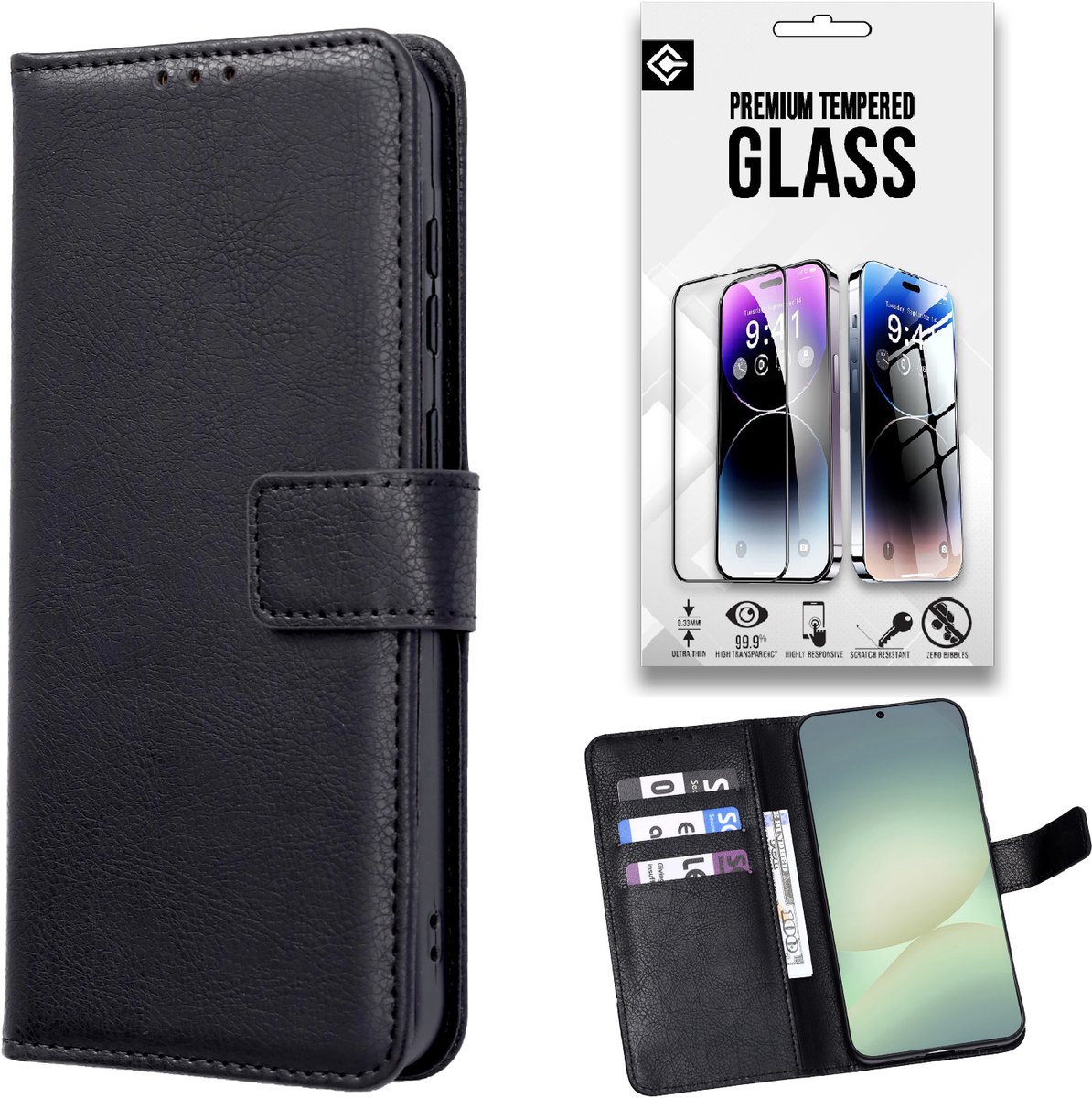Casemania Hoesje en Glas Geschikt voor OPPO Reno16 F 5G - Zwart - Portemonnee Book Case met Pasjeshouder - Wallet Telefoonhoesje + 1x Gehard Glazen Screenprotector