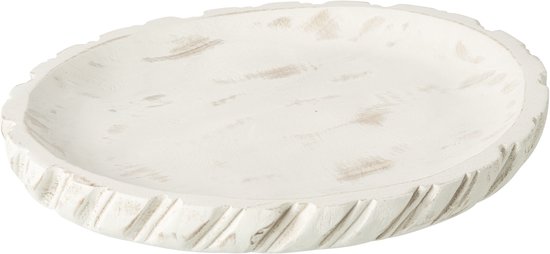 Rond decoratief dienblad van wit paulowniahout met een verweerde uitstraling en gegroefde rand.