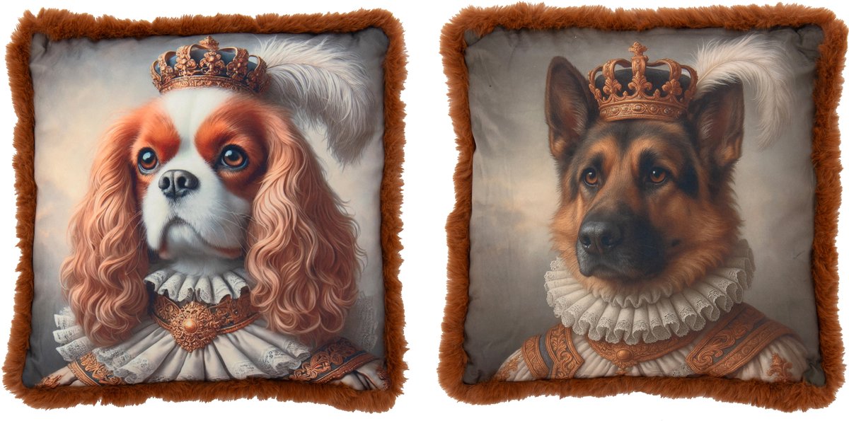 J-Line kussen Hond + Kroon - polyester - roestbruin - 2 stuks