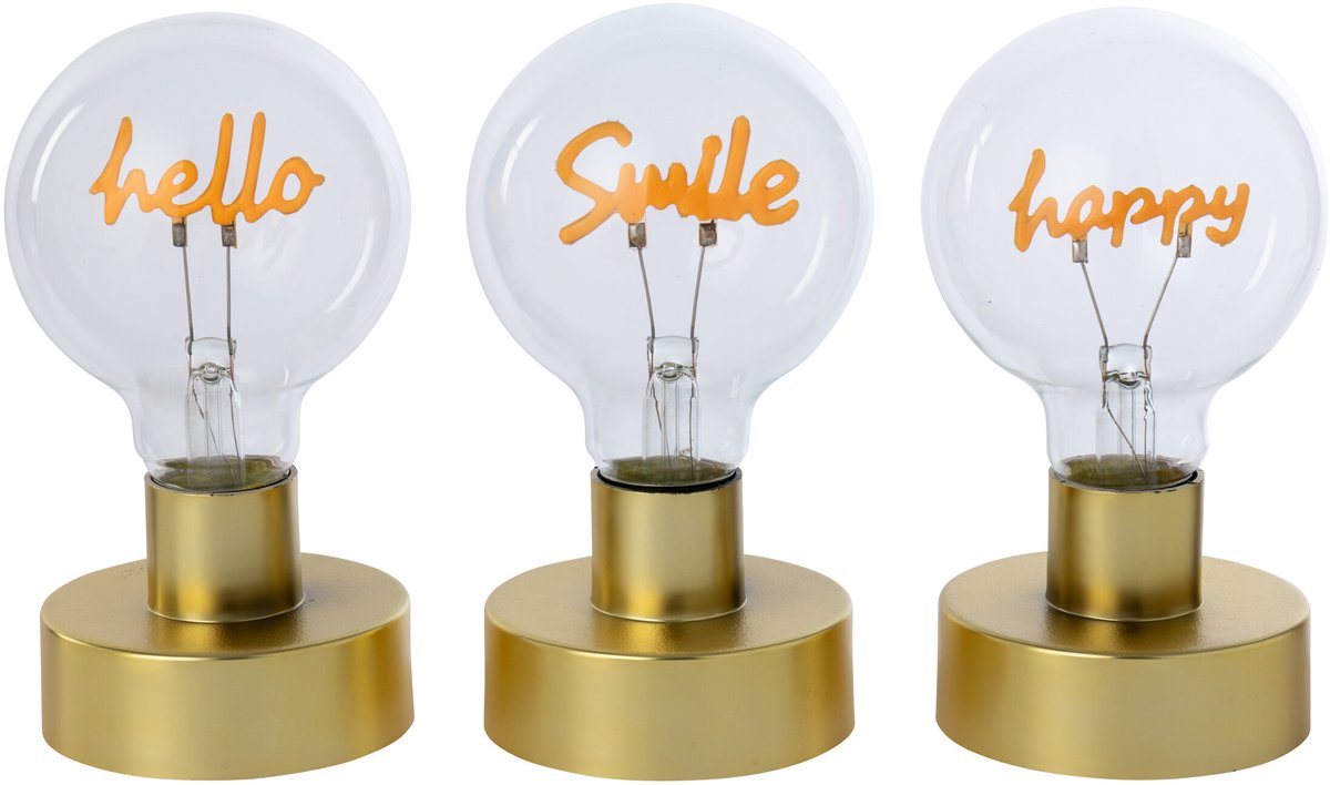 J-Line Tafellamp Hello Smile Happy - glas - goud - assortiment van 3