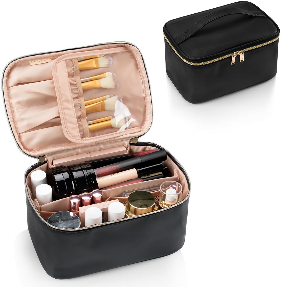Make-uptas, draagbare cosmetische tas, grote reis make-upkoffer met organizer, zwart, toilettas voor vrouwen en meisjes, met handvat en tussenschot.