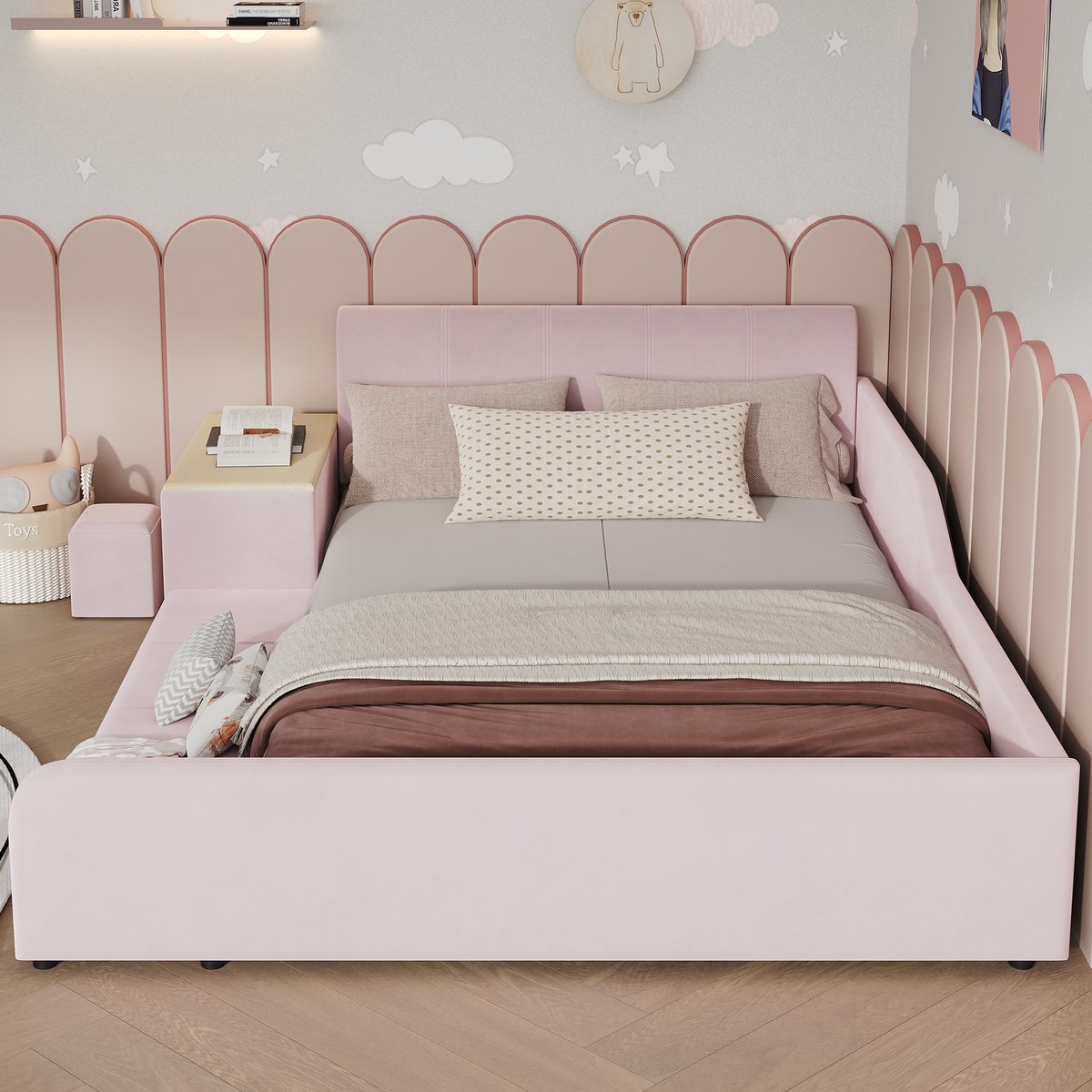 Gestoffeerd bed 140x200 cm - met kinderbureau en krukje - met opbergplank - kinderbed - roze