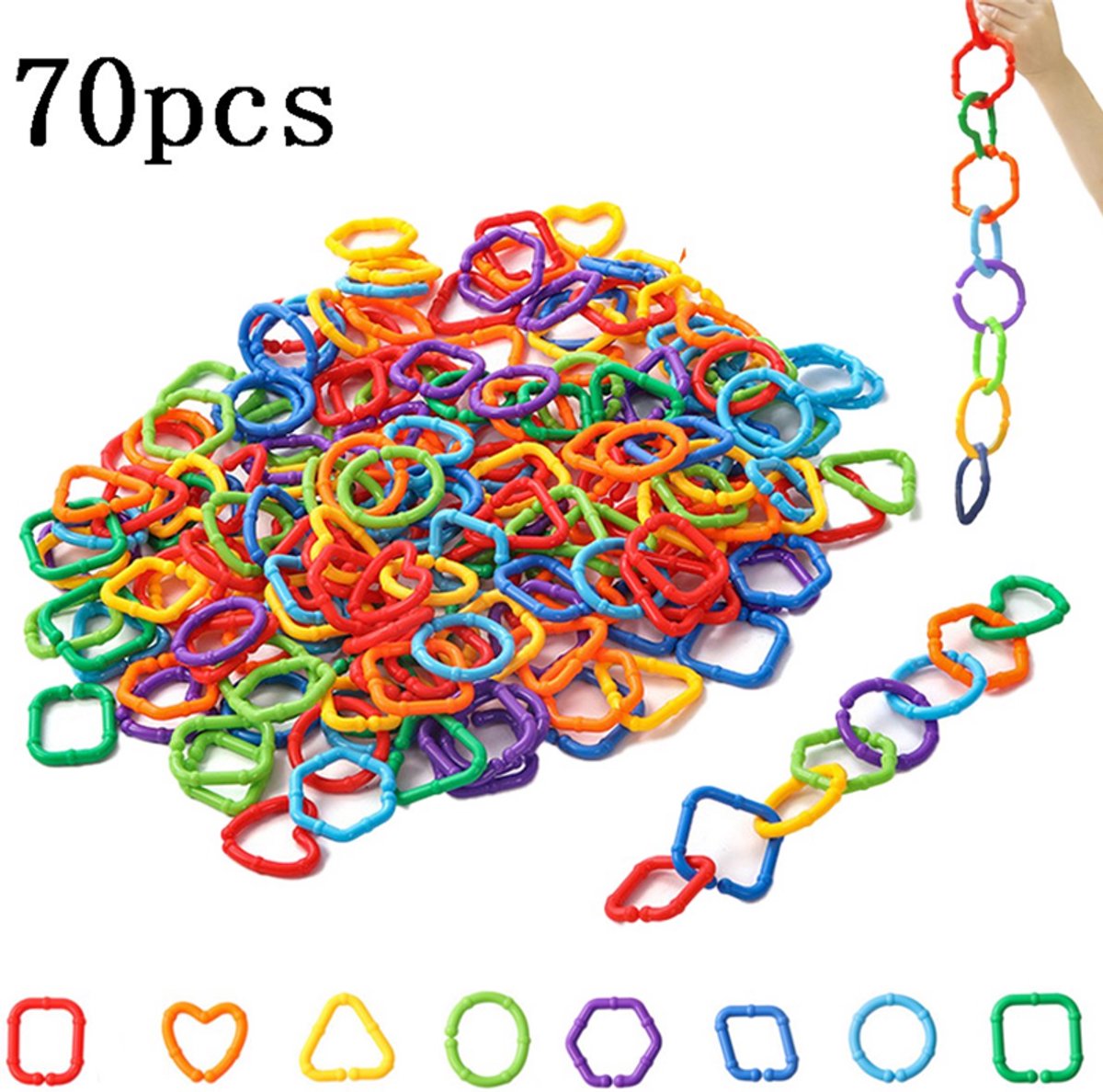 OUYLAF 70 Stuks Kleurrijke Plastic Schakels Speelgoed - plastic schakels speelgoed kinderen - motoriek speelgoed peuter - fijne motoriek oefenspeelgoed - Kleurrijke - Acht vormen - Creatief Schakelketting Knutselpakket