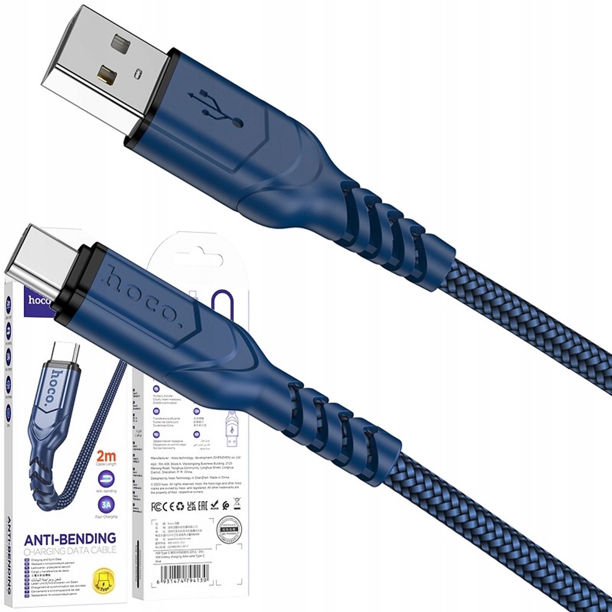 Hoco X59 Victory USB-C Kabel 3A 2m Quick Charge 3.0 Blauw
