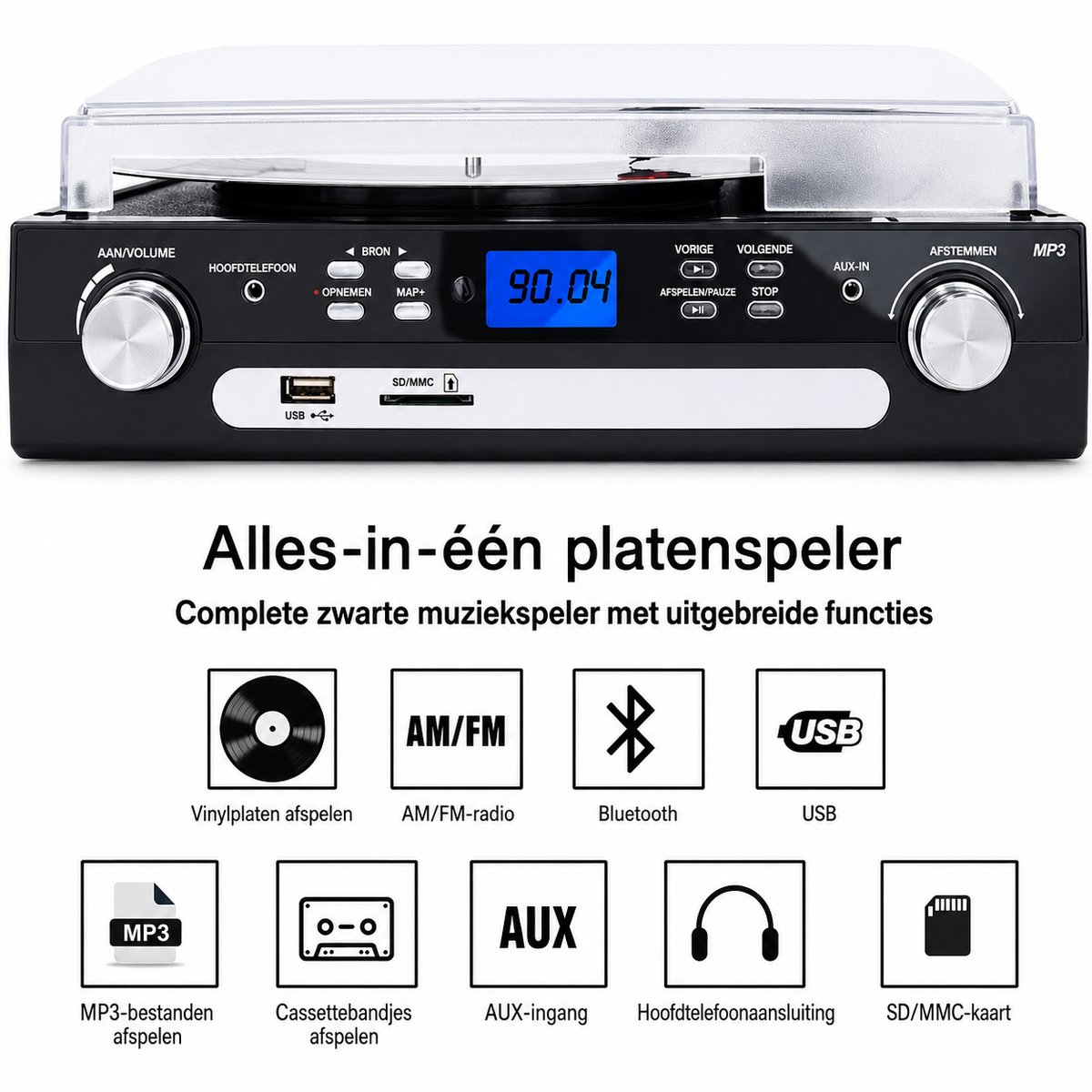 Platenspeler Bluetooth – Cassette – AM/FM Radio – USB MP3 Encoding – 3 Snelheden