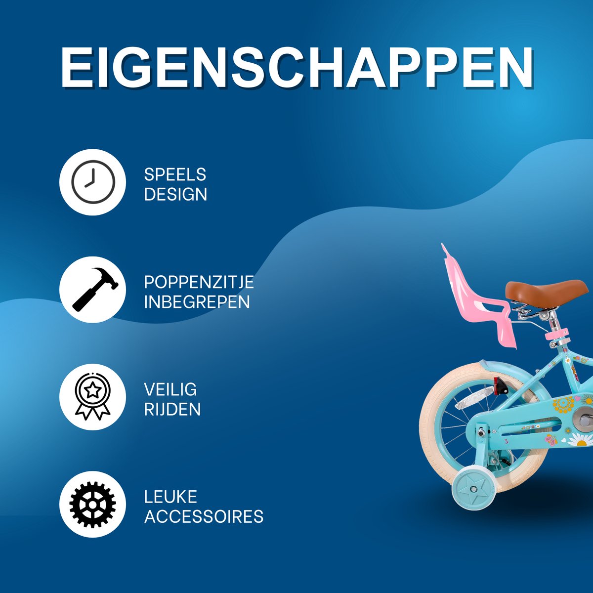 Kinderfiets – Voor meisjes 2–7 jaar – Met poppenfietszadel, streamers, vlag en nummerplaat – Blue2-16 Inch