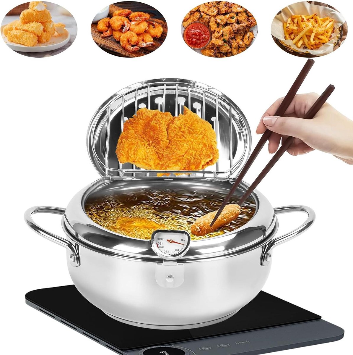 Diepe Frituurpan - Frituurpot Deksel - Keuken Koken - Ingebouwde Thermometer - 24cm - Zilver