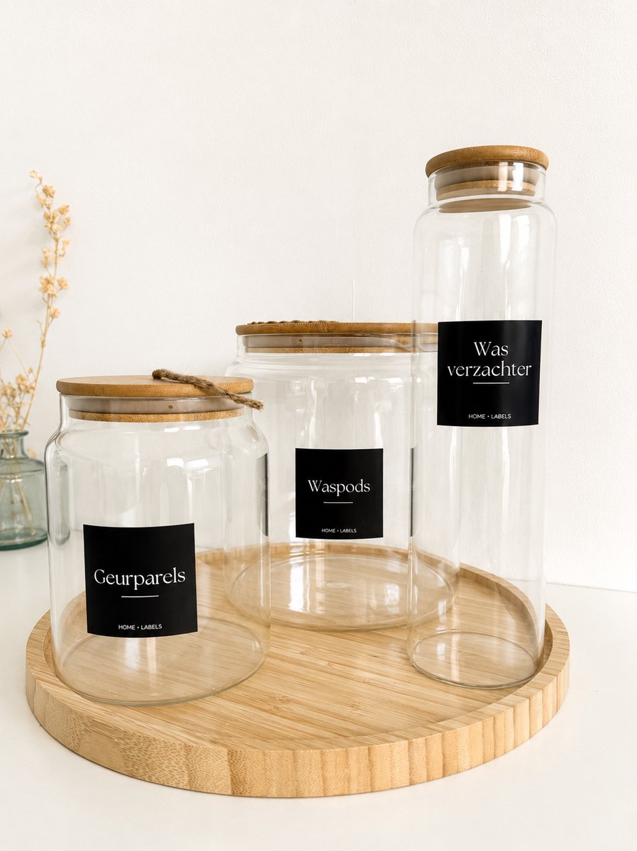 Washok Organizer Set 5 Delig – 3 Glazen Opbergpotten met Bamboe Deksel, Fles, Dienblad & 12 Labels – Wasruimte Organizer