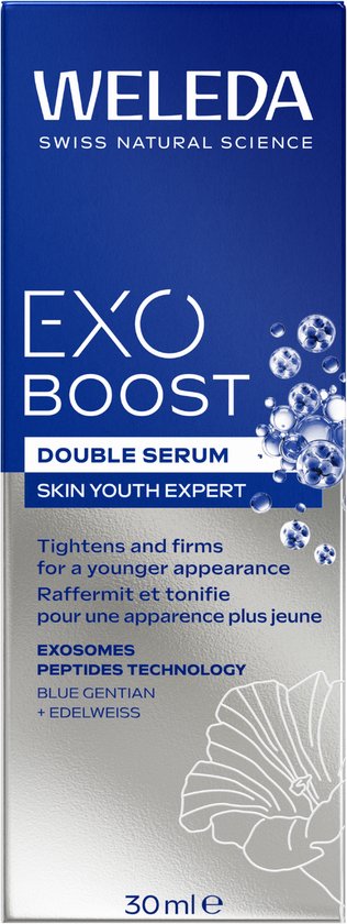 Weleda EXO BOOST DOUBLE SERUM SKIN YOUTH EXPERT flesje met tekst Exosomes Peptide Technology Blue Gentian + Edelweiss 30ml.