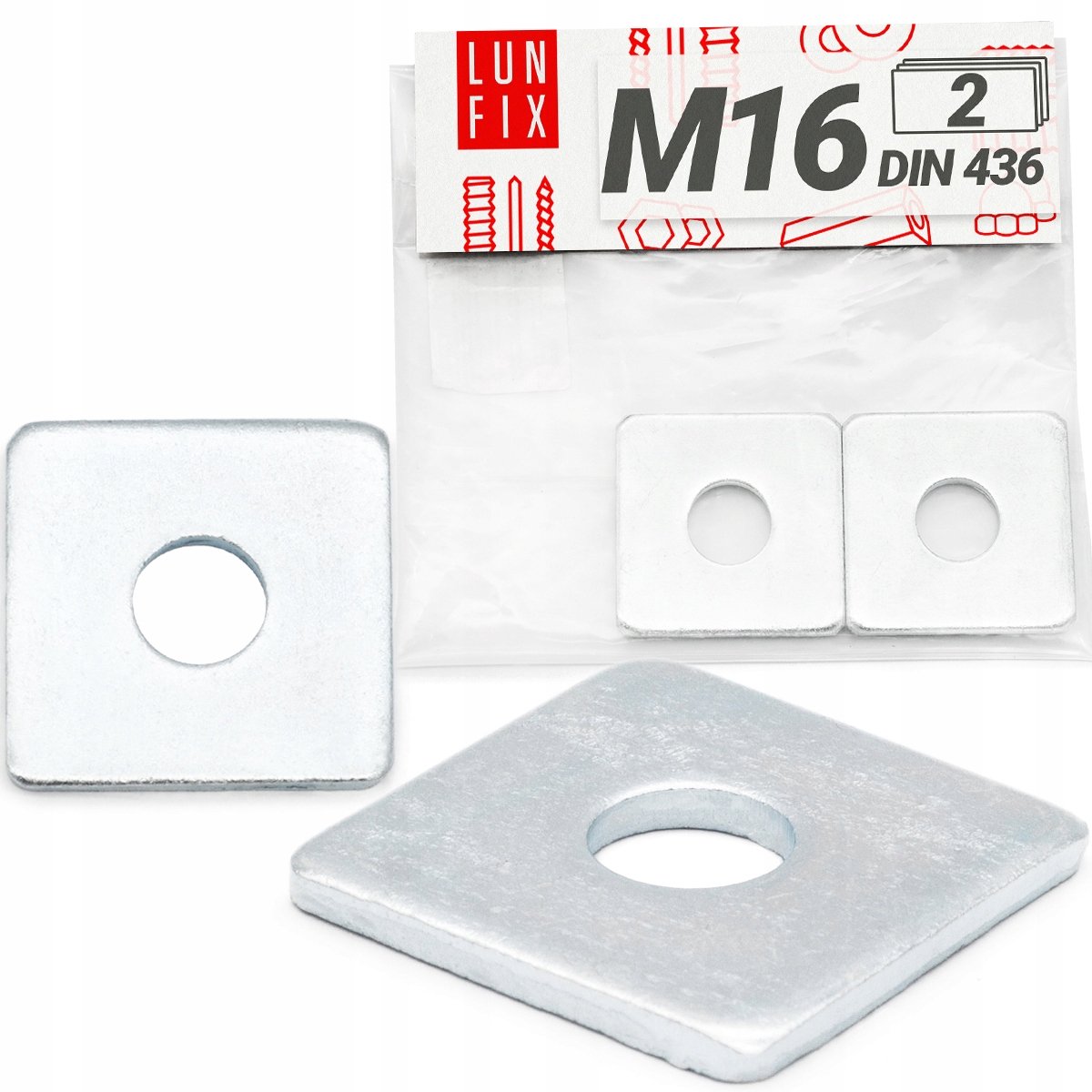 LUN FIX - Sluitplaat verzinkt M16 - Vierkante sluitring 50x50x4,5 - 2 stuks