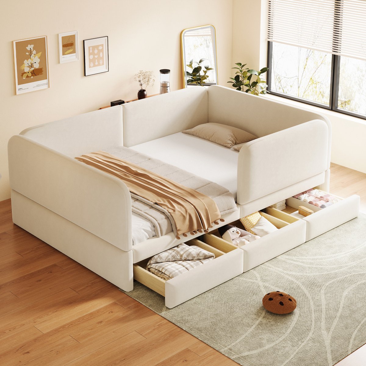 PHOEBE CAT Kinderbed - 140 x 200 cm - Gevoerde veiligheidszijhekken - Afgeronde hoeken - 2 lades - Fluweel - Beige (exclusief matras)