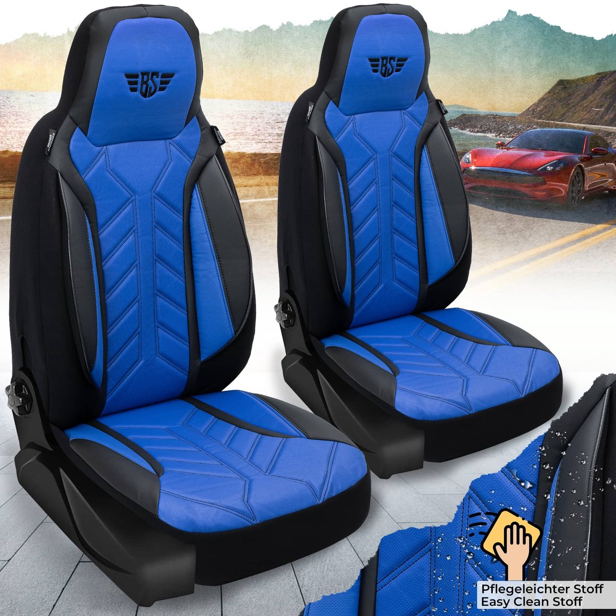 Autostoelhoezen voor Citroen Grand Bj ab 2016 – Stoelhoezen voor bestuurder en passagier in Zwart/Blauw