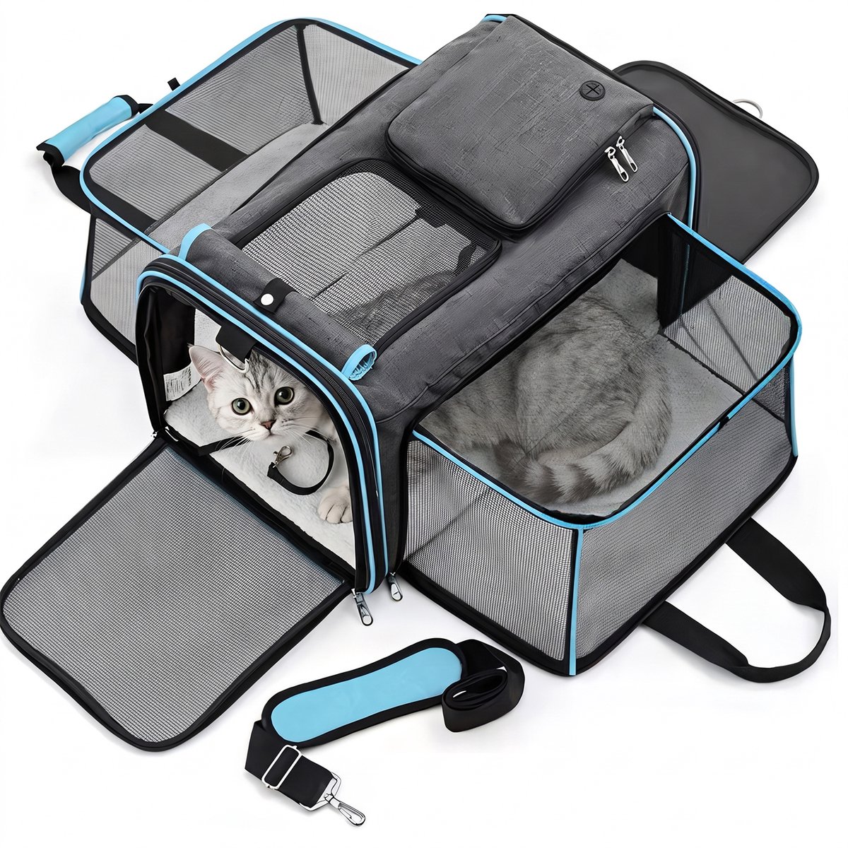 Dierentransporttas voor katten en kleine honden - L 48 x 30 x 31 cm - dubbel uitbreidbaar, opvouwbaar, met schouderriem - grijs met blauwe bies